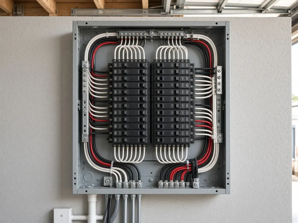 New breaker panel with neat rows of breakers and cleanly routed wires