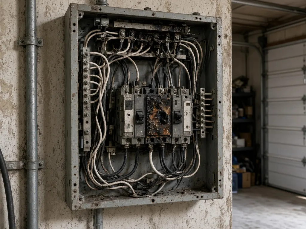 Old rusted breaker panel with a scorched breaker and tangled wiring