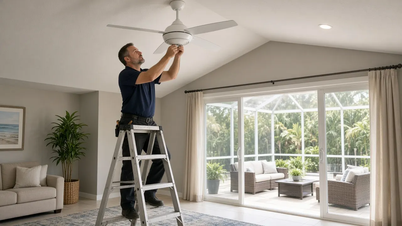 Electrician on a ladder installing a white ceiling fan on a screened lanai