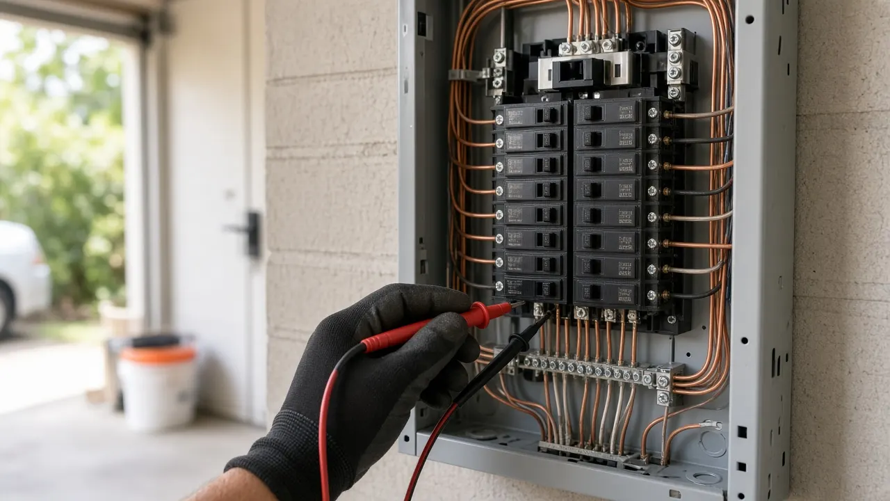 Electrician testing a new breaker panel with a multimeter in a Florida garage