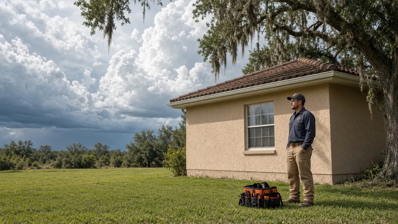 Electrician standing beside a stucco block home under live oaks with summer storm clouds building over Ocala