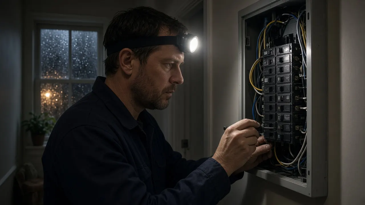 Electrician with a headlamp checking a breaker panel on a rainy night