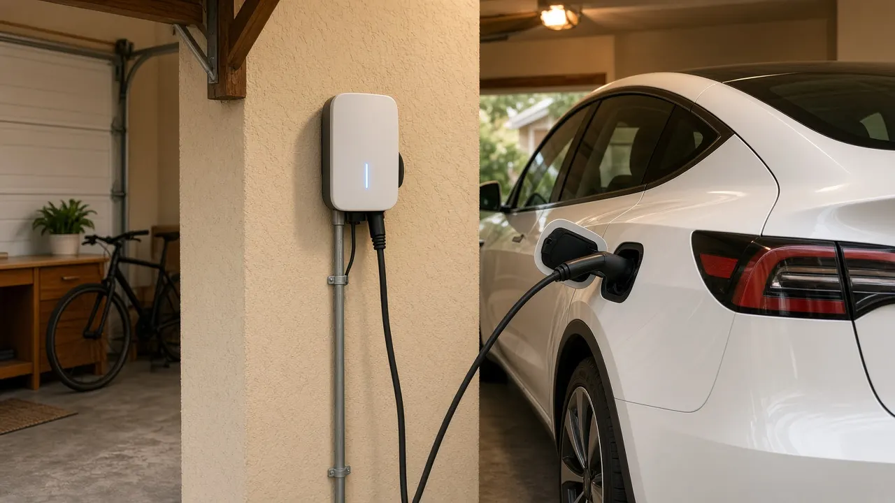 Level 2 EV charger mounted on a garage wall with an electric car plugged in
