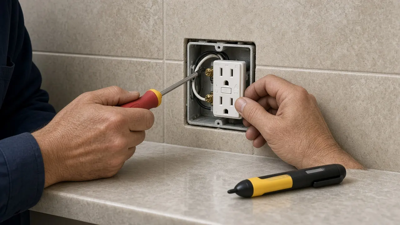 Electrician installing a GFCI outlet in a kitchen backsplash with a voltage tester on the counter