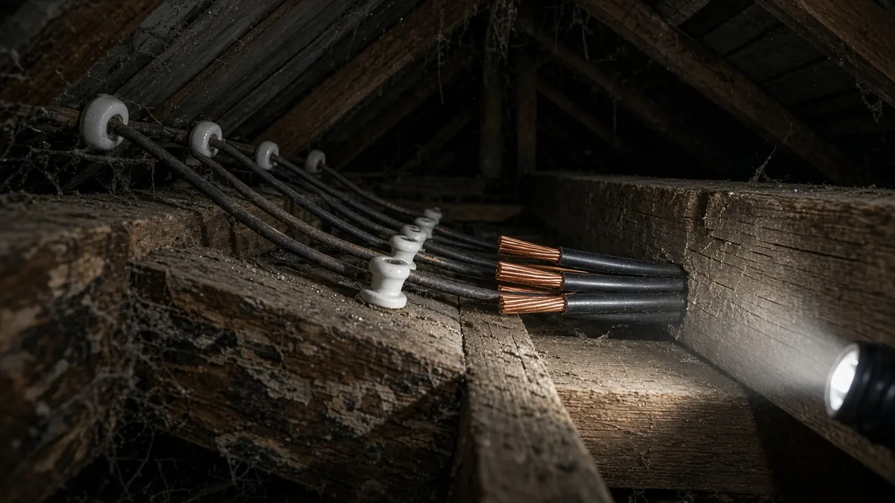 Old knob and tube wiring on ceramic insulators in an attic beside new copper cable