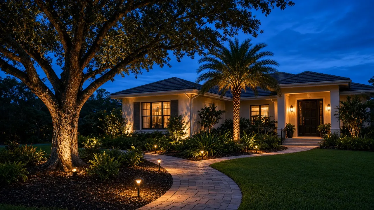 Warm landscape lighting on palm trees and a front walk at dusk outside a Florida home