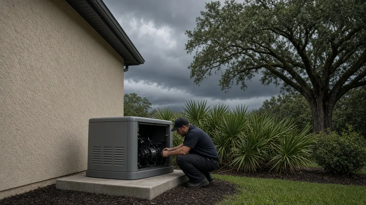 Electrician checking a standby generator on a concrete pad beside a stucco home before a storm