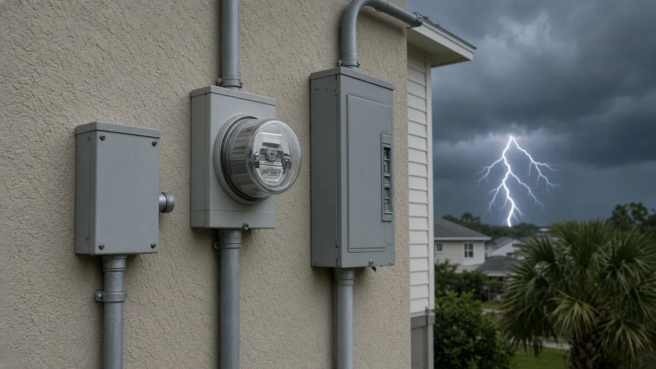 Surge protective device mounted beside the meter and panel on a stucco wall with lightning in the distance